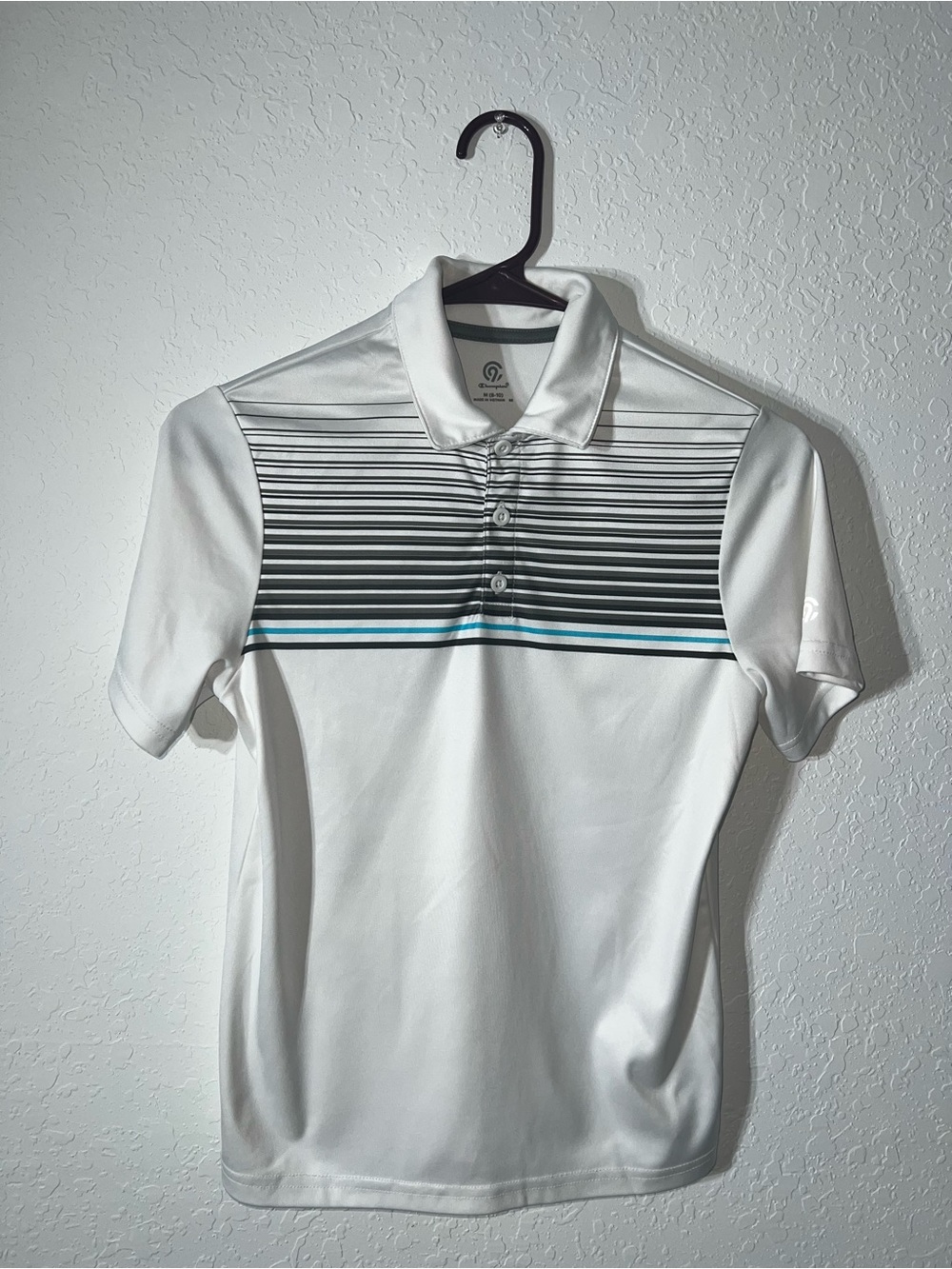 Champion White Polo with Black Stripes and Teal Accent